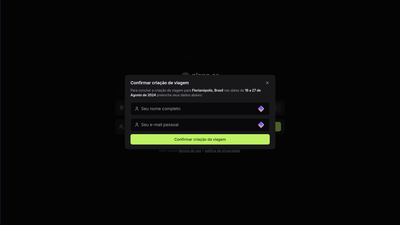 Confirmação da viagem